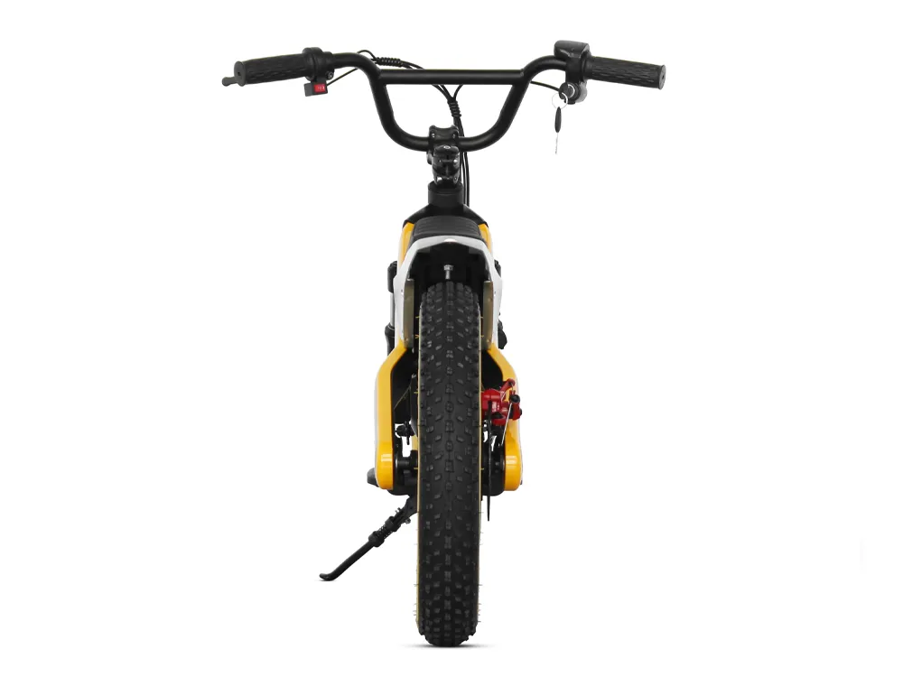 Rear view of yellow electric motorcycle showing taillight, ergonomic design, and city commuting suitability