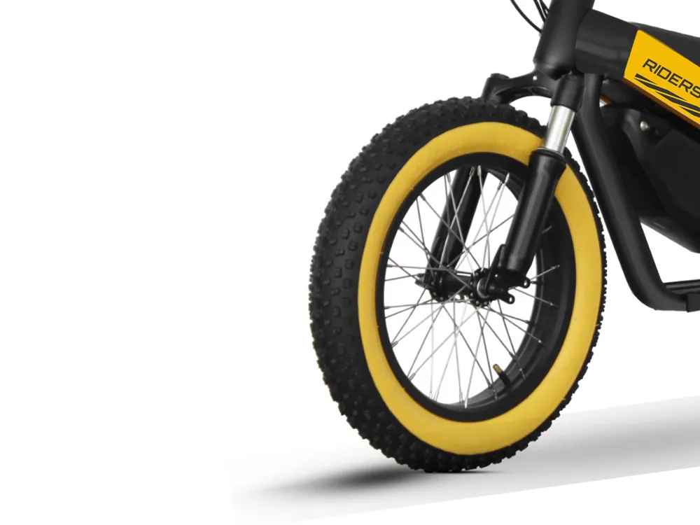 Close-up of yellow electric motorcycle front wheel, showcasing tire tread, brake system, and durable construction for urban commuting