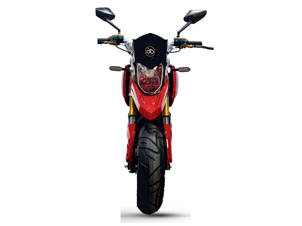 Front view of a red sport electric motorcycle with LED headlight, wide front tire, and inverted suspension