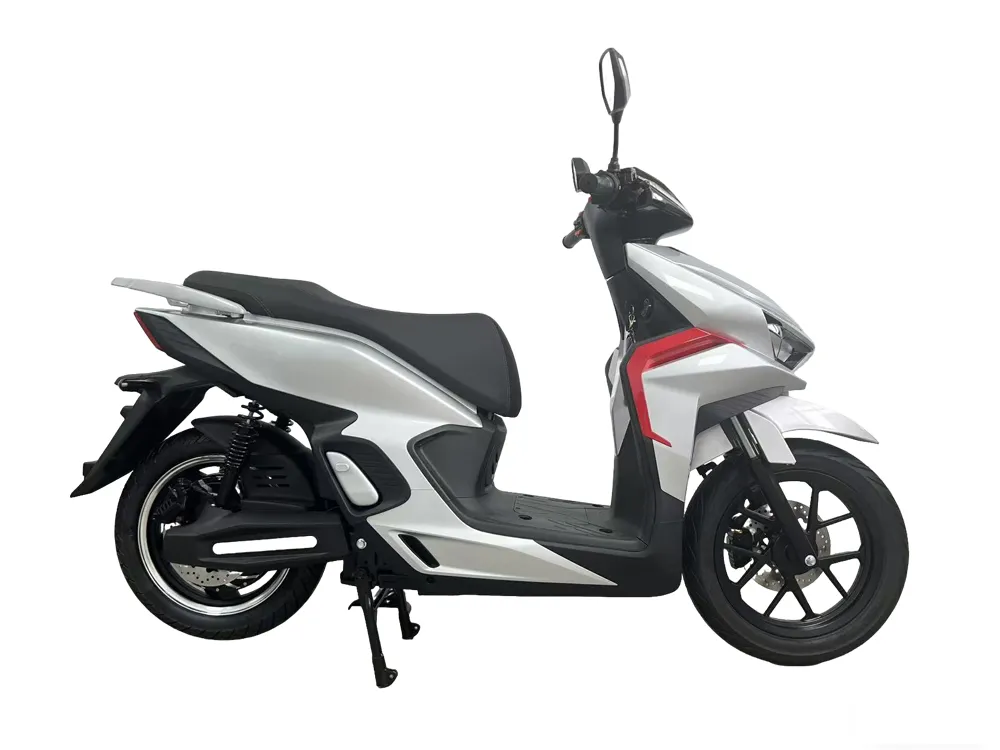 Black and green electric scooter motorcycle side view with sleek modern design for city commuting and daily transportation