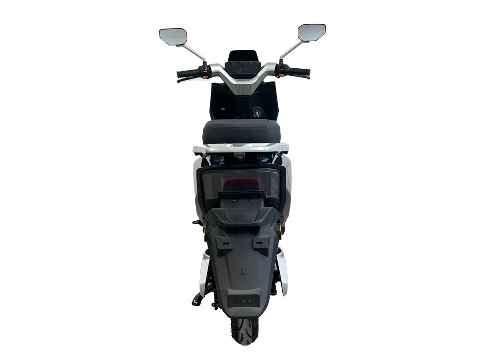 Front view of black and green electric scooter motorcycle with modern headlight and urban commuter styling