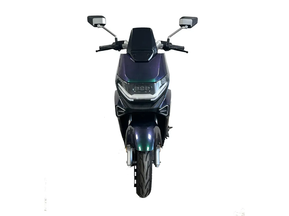 Front view of black and green electric scooter motorcycle with modern headlight and urban commuter styling