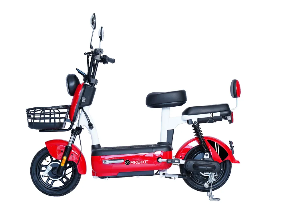 Side view of a red electric scooter featuring sleek design, wide tires, ergonomic seat, and modern urban commuting features