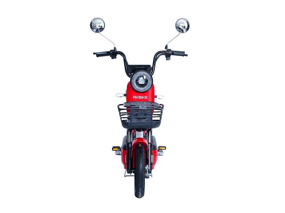 Front view of a red electric scooter showcasing its sleek frame, bright LED headlight, ergonomic handlebars, and modern urban commuting features