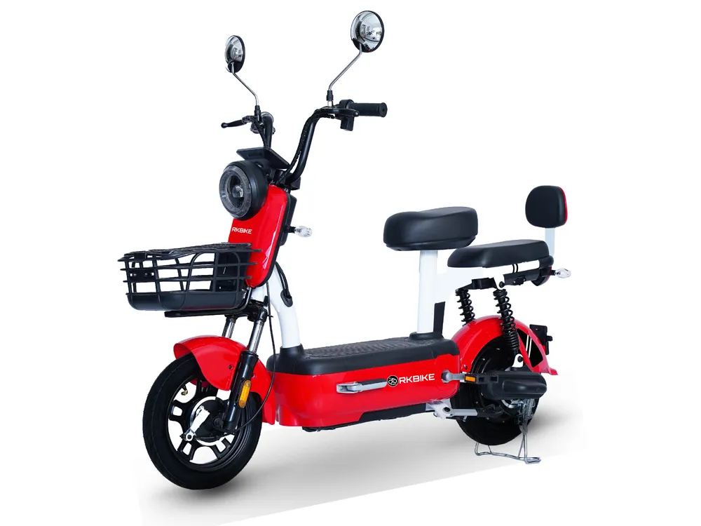 Side view of a red electric scooter showcasing its sleek design, wide tires, ergonomic seat, and modern features for urban commuting