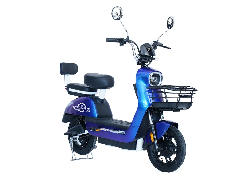 Side view of a dark blue electric scooter showcasing its sleek design, wide tires, and modern features for urban commuting