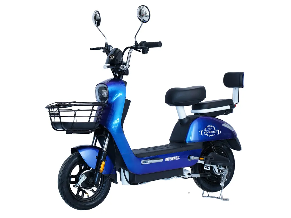 Full view of a dark blue electric scooter with sleek frame, wide tires, ergonomic seat, and modern urban commuting features