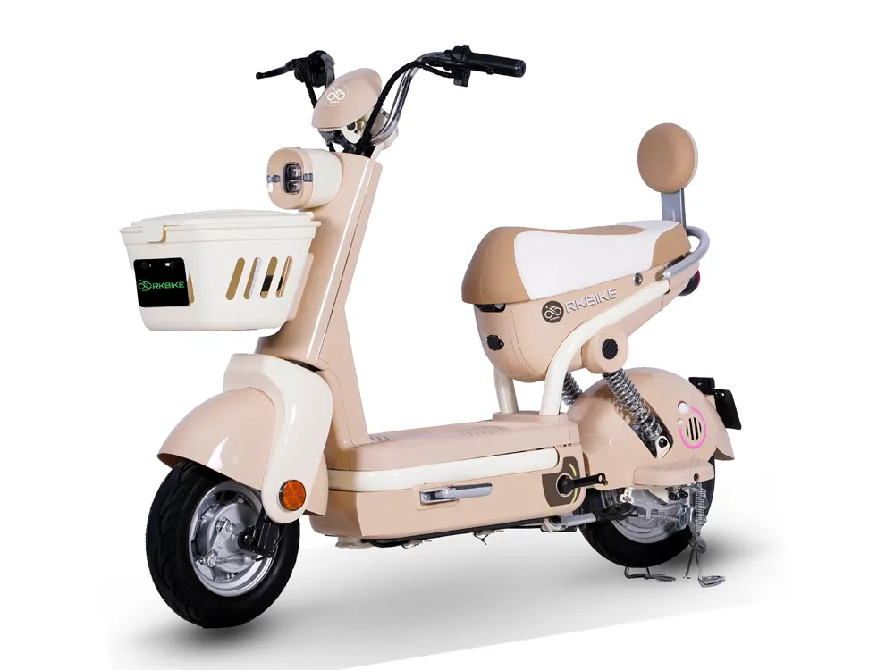 Full view of a beige electric scooter with stylish design, wide tires, ergonomic seat, and modern urban commuting features