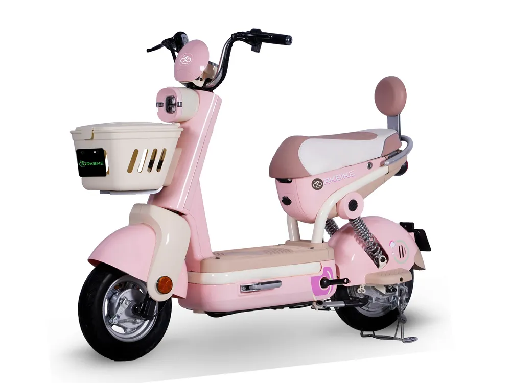 Full view of a pink electric scooter with sleek design, ergonomic seat, wide tires, and urban commuting features