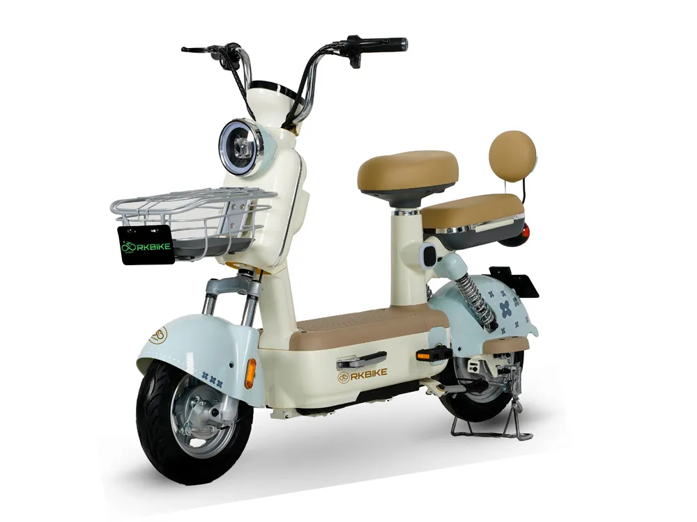 Full view of a light blue electric scooter with sleek design, comfortable seat, wide tires, and urban commuting features
