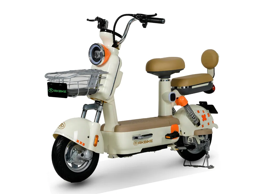 Full view of a cream white electric scooter with elegant design, comfortable seat, wide tires, and urban commuting features