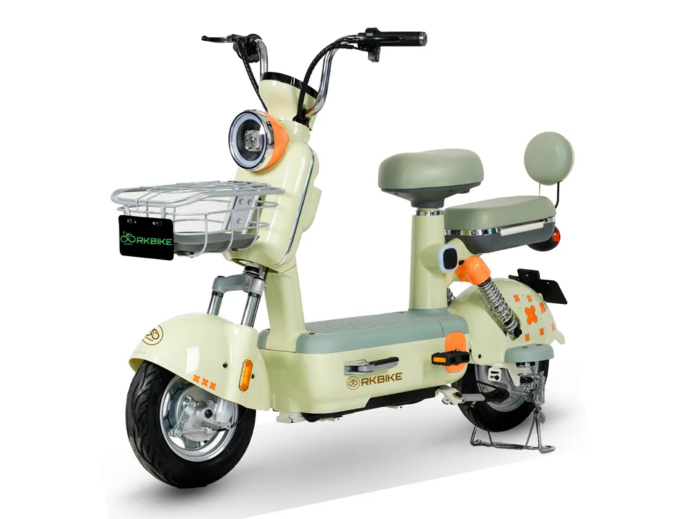 Full view of a light green electric scooter with sleek design, comfortable seat, wide tires, and eco-friendly urban commuting features