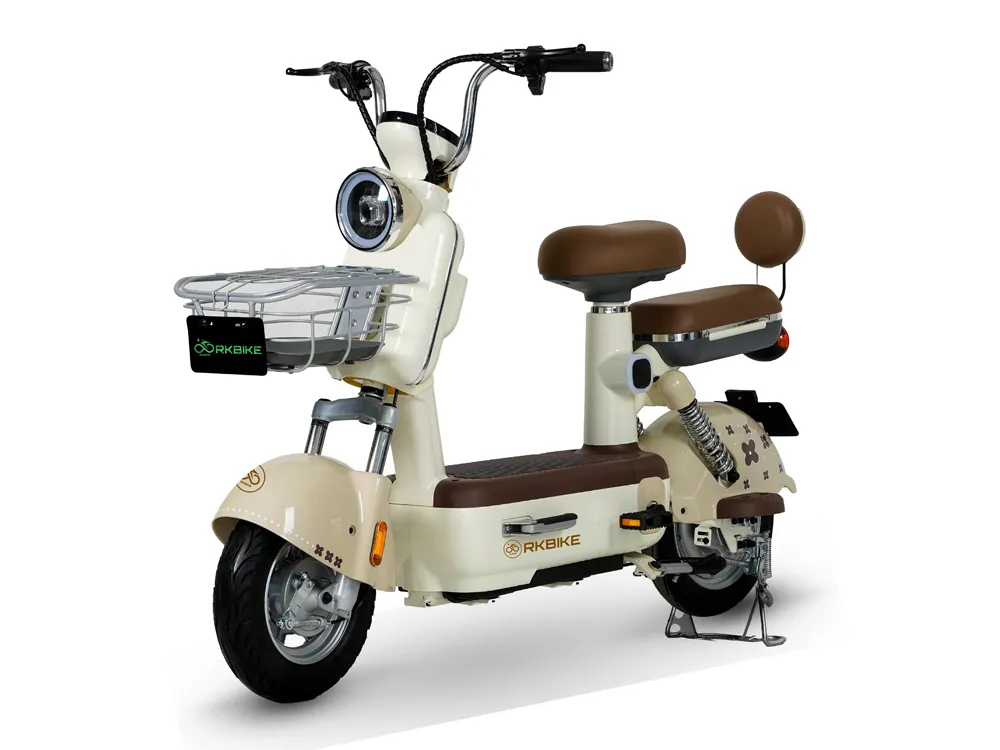 Full view of a brown electric scooter with retro design, comfortable seat, wide tires, and urban commuting features