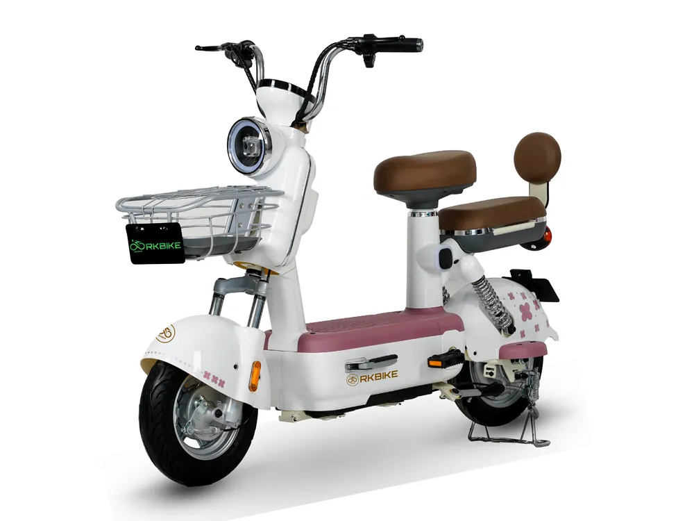 Full view of a white electric scooter with sleek and modern design, comfortable seat, wide tires, and urban commuting features