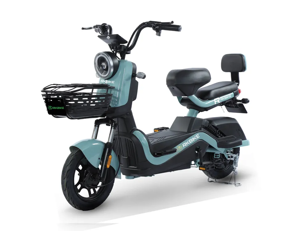 Full view of a modern electric scooter in deep green, showcasing its sleek design, comfortable seat, and urban commuting features