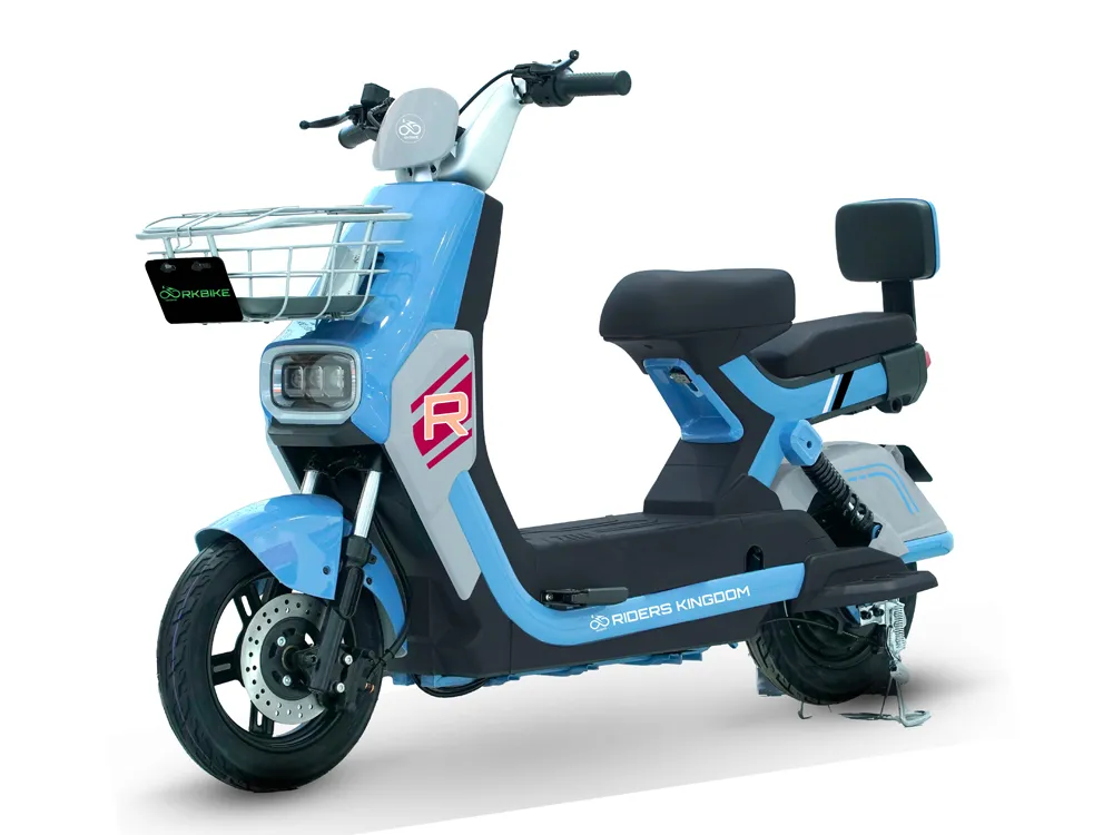 Full view of a blue electric scooter with modern design, wide tires, comfortable seat, and urban commuting features