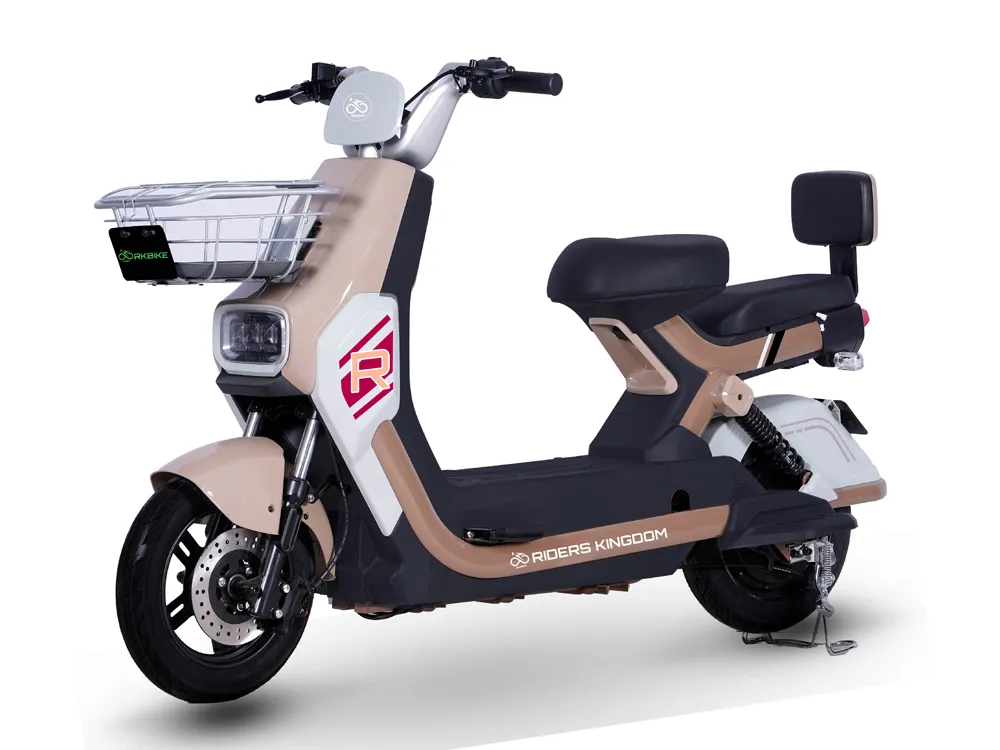 Full view of a brown electric scooter with retro design, comfortable seat, wide tires, and urban commuting features
