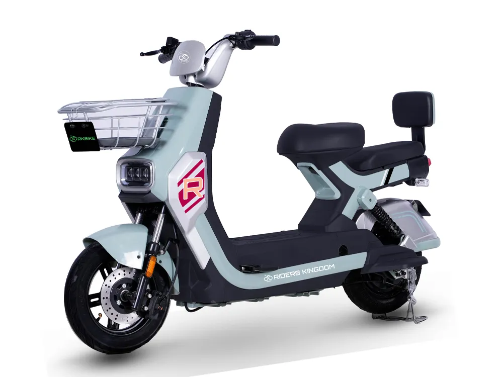 Full view of a light green electric scooter with sleek design, comfortable seat, and modern urban commuting features