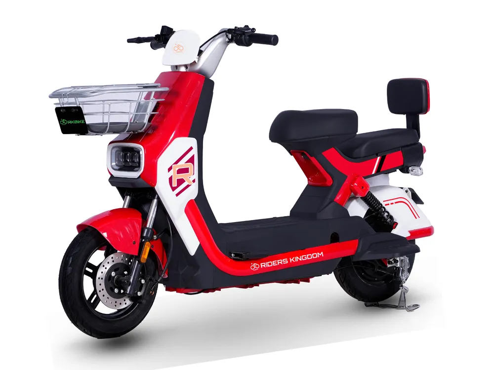 Full view of a red electric scooter with sporty design, wide tires, comfortable seat, and urban commuting features