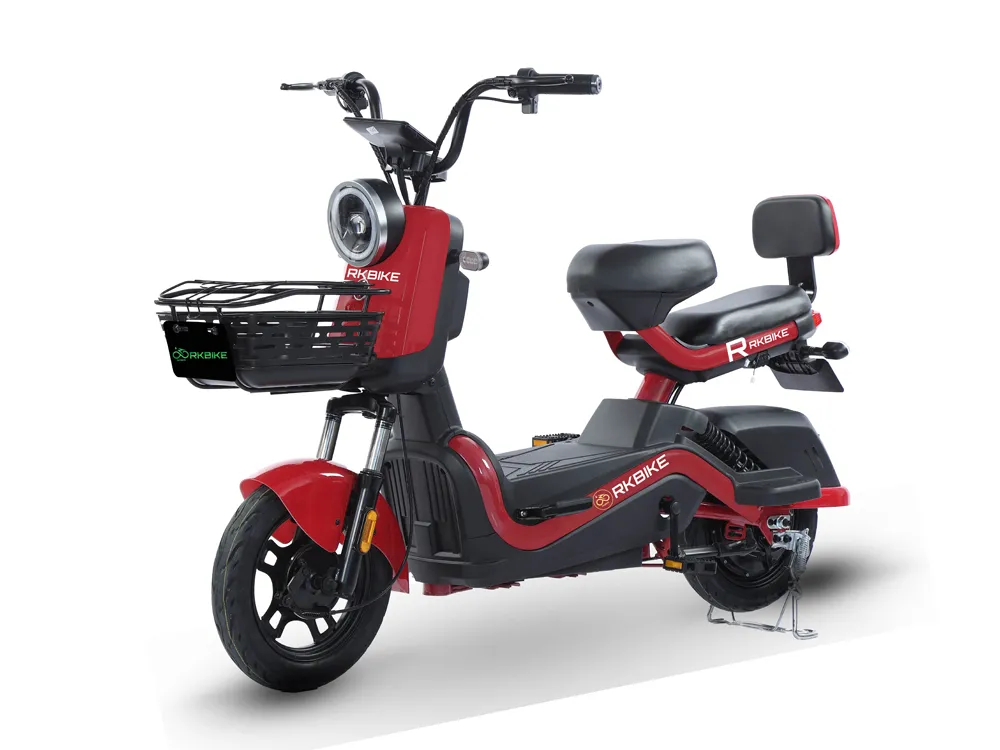 Full view of a modern electric scooter with stylish red frame, wide tires, comfortable seat, and urban commuter design