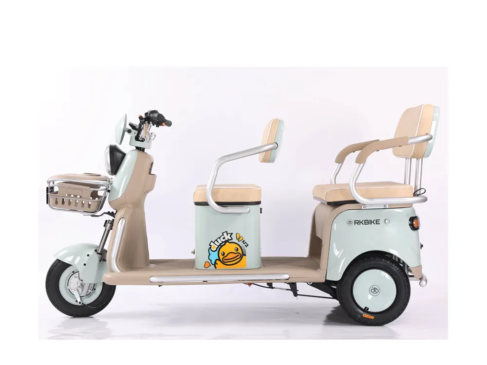 Front-side view of a light green electric convertible tricycle with three wheels, featuring an open-top cabin, durable frame, and spacious seating for safe and comfortable city commuting