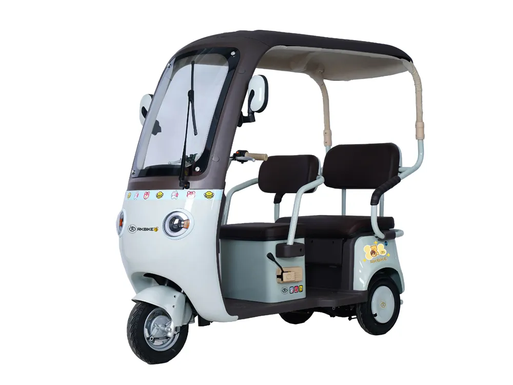 Front-side view of a light blue electric convertible tricycle, featuring three wheels, an open-top cabin, sturdy frame, and spacious seating for comfortable city commuting