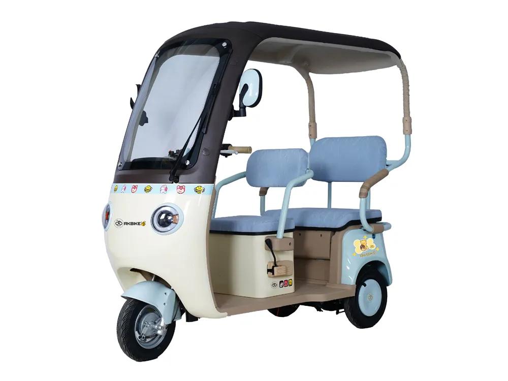 Front-side view of a white and light blue electric convertible tricycle with three wheels, showcasing its open-top design, sturdy frame, and spacious cabin for comfortable city commuting.