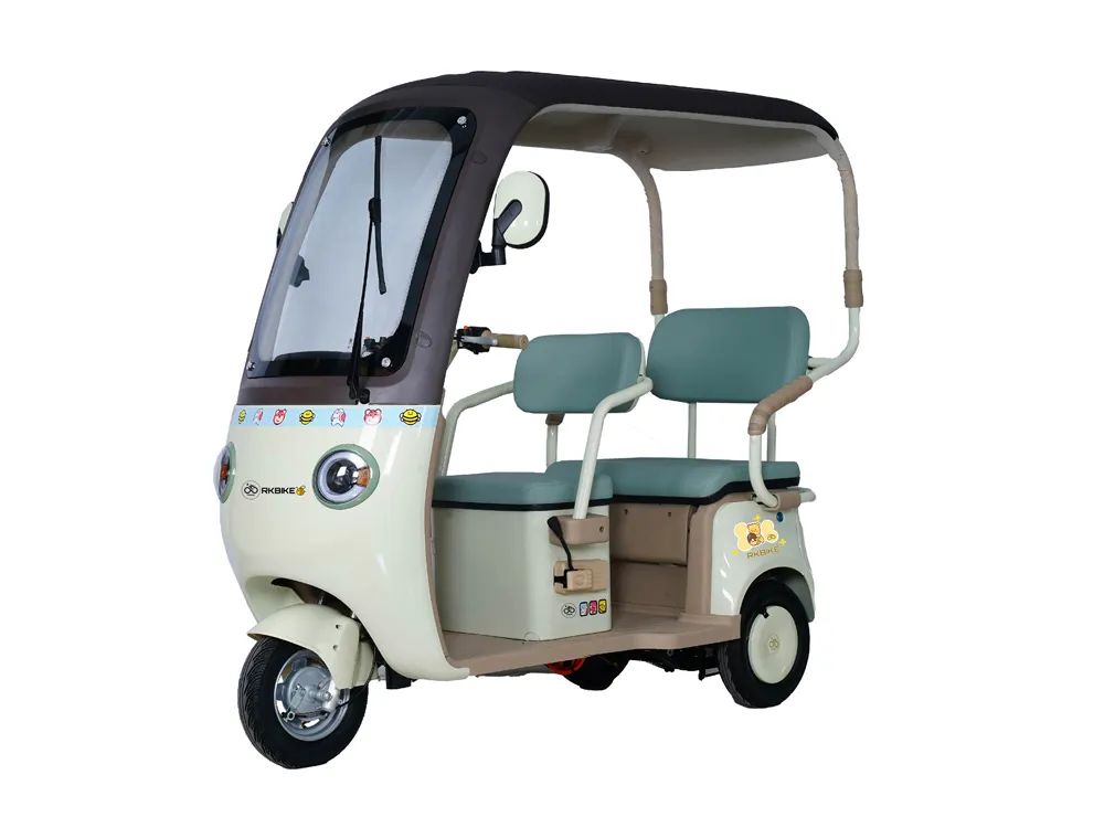 Front-side view of a light green electric convertible tricycle with three wheels, featuring an open-top design, sturdy frame, and spacious seating for comfortable city commuting.