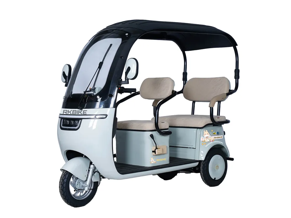 Front-side view of a light blue electric convertible tricycle with three wheels, highlighting its open-top design, sturdy frame, and spacious cabin for safe urban commuting