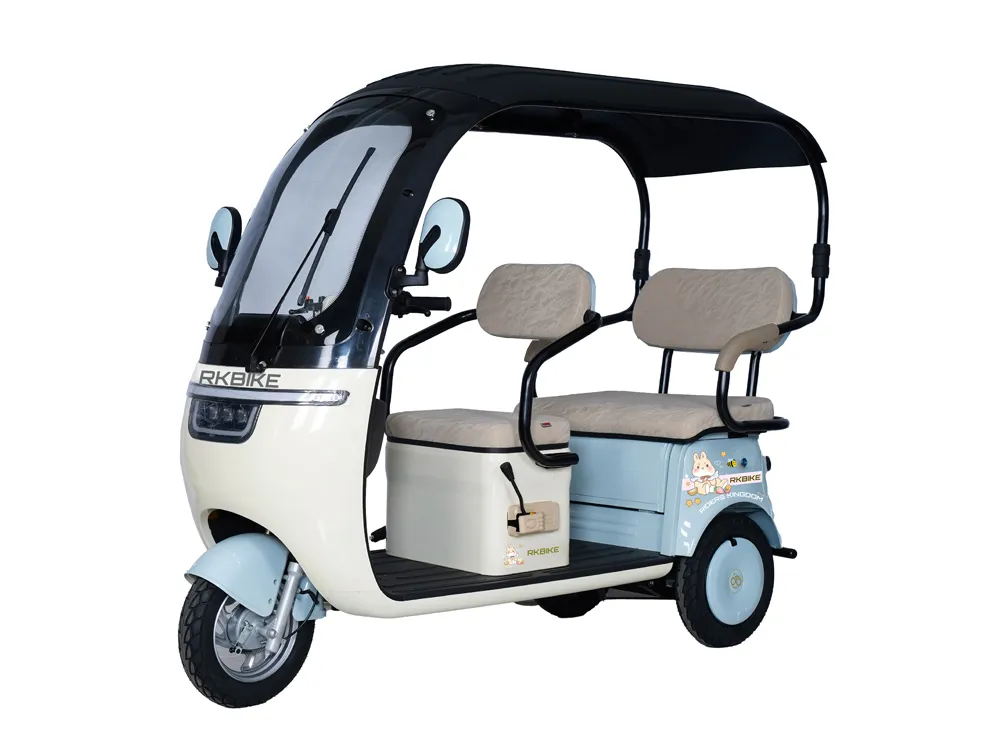 Front-side view of a light blue electric convertible tricycle with three wheels, highlighting its open-top design, sturdy frame, and spacious cabin for safe urban commuting