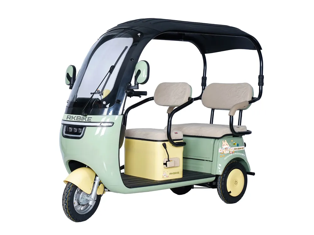 Front-side view of a light yellow and light green electric convertible tricycle with three wheels, showcasing its open-top design, sturdy frame, and spacious cabin for comfortable city commuting