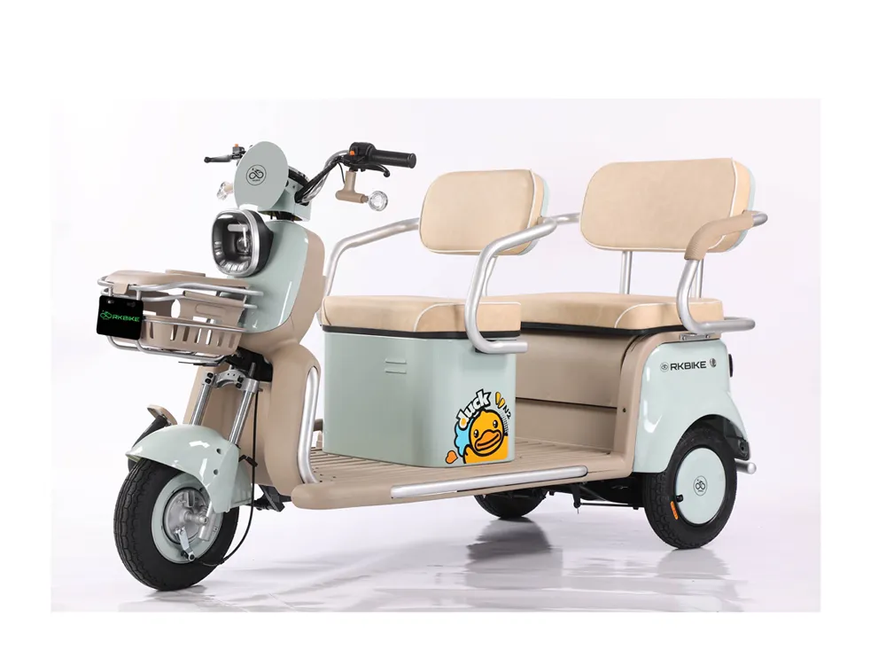 Front-side view of a light green electric convertible tricycle with three wheels, featuring an open-top cabin, durable frame, and spacious seating for safe and comfortable city commuting