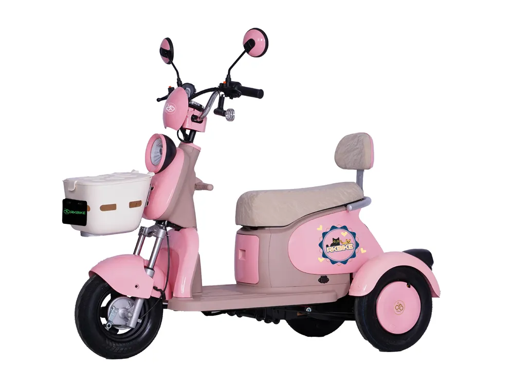 Front view of a pink electric tricycle, featuring a sturdy frame, ergonomic seating, and a stable design for safe and stylish urban commuting.