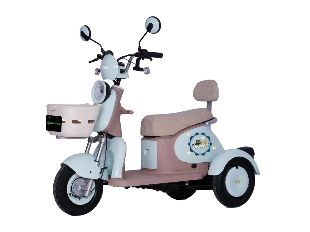 Front view of a light blue electric tricycle, featuring a sturdy frame, ergonomic seating, and a stable design for safe and stylish urban commuting.