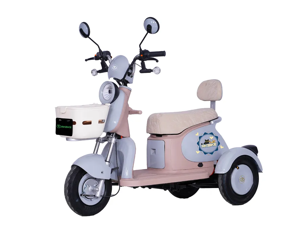 Front view of a light purple electric tricycle with three wheels, featuring a sturdy frame, ergonomic seating, and a stable design for safe and stylish urban commuting