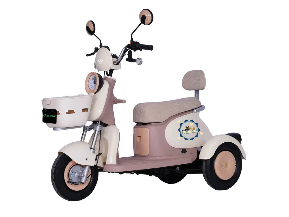 Front view of a cream white electric tricycle with three wheels, featuring a durable frame, ergonomic seating, and stable design for comfortable and stylish urban commuting