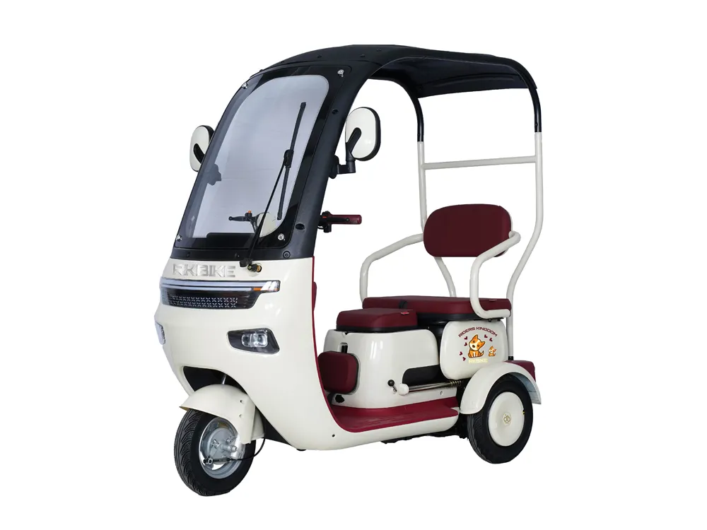 Front-side view of a white electric convertible tricycle with three wheels, featuring an open-top design, sturdy frame, and spacious seating for comfortable city commuting