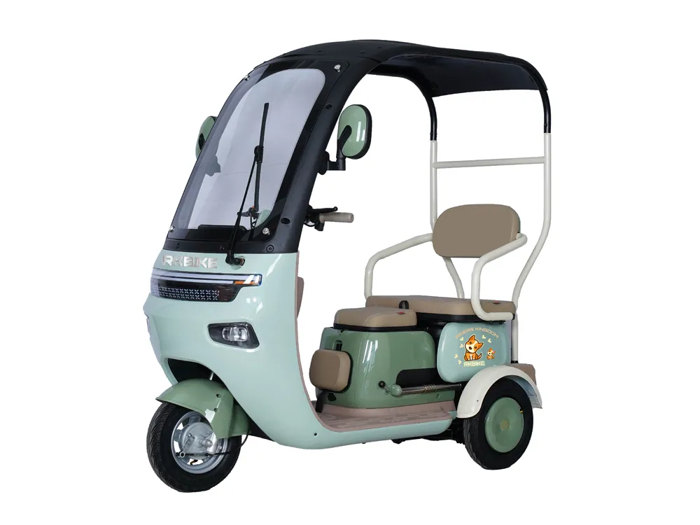 Front-side view of a light green electric convertible tricycle with three wheels, showcasing its open-top design, durable frame, and spacious seating for a comfortable urban commute.