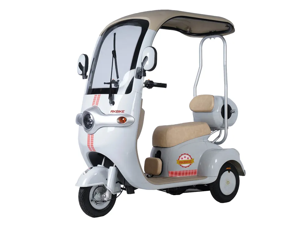 Front-side view of a light blue electric convertible tricycle with three wheels, showcasing its open-top design, durable frame, and spacious seating for a comfortable urban commute.