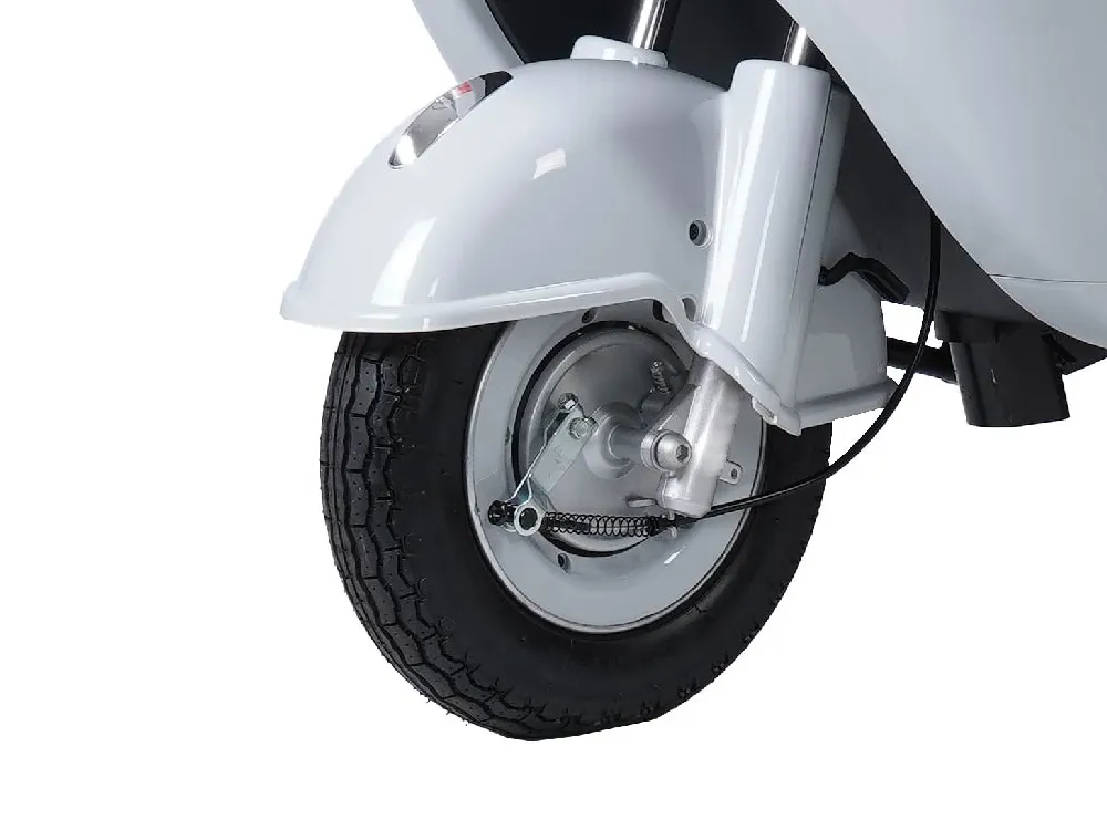 Close-up of the front wheel of an electric convertible tricycle, highlighting the sturdy tire, suspension system, and braking components for reliable urban commuting