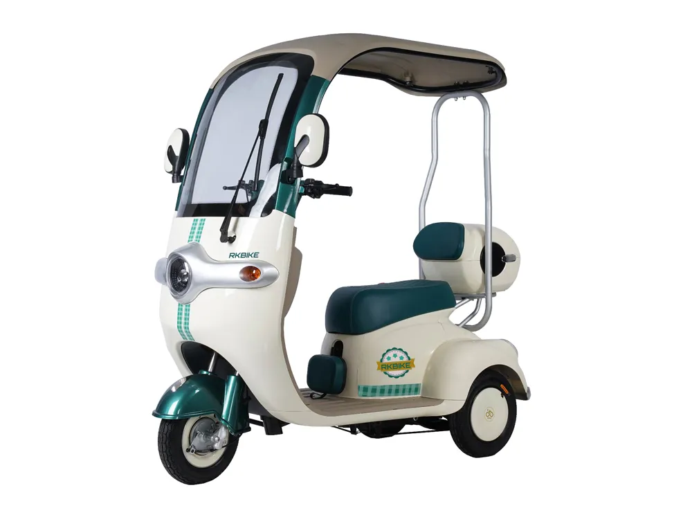 Front-side view of an electric convertible tricycle with three wheels, featuring an open-top cabin, sturdy frame, and spacious seating for comfortable city commuting