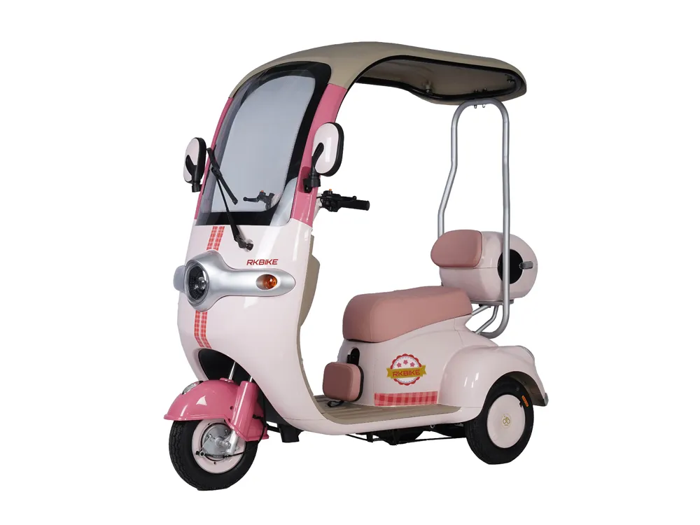 Front-side view of a pink electric convertible tricycle with three wheels, featuring an open-top cabin, sturdy frame, and spacious seating for stylish and comfortable city commuting