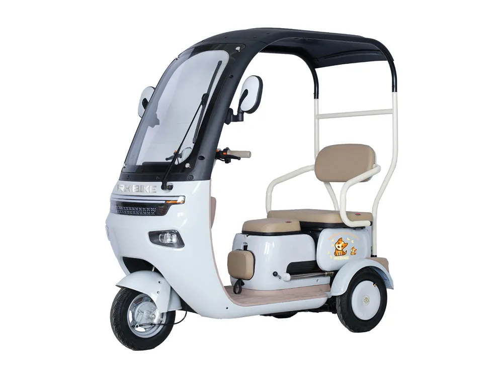 Front-side view of a light blue electric convertible tricycle with three wheels, featuring an open-top cabin, sturdy frame, and comfortable seating for urban commuting