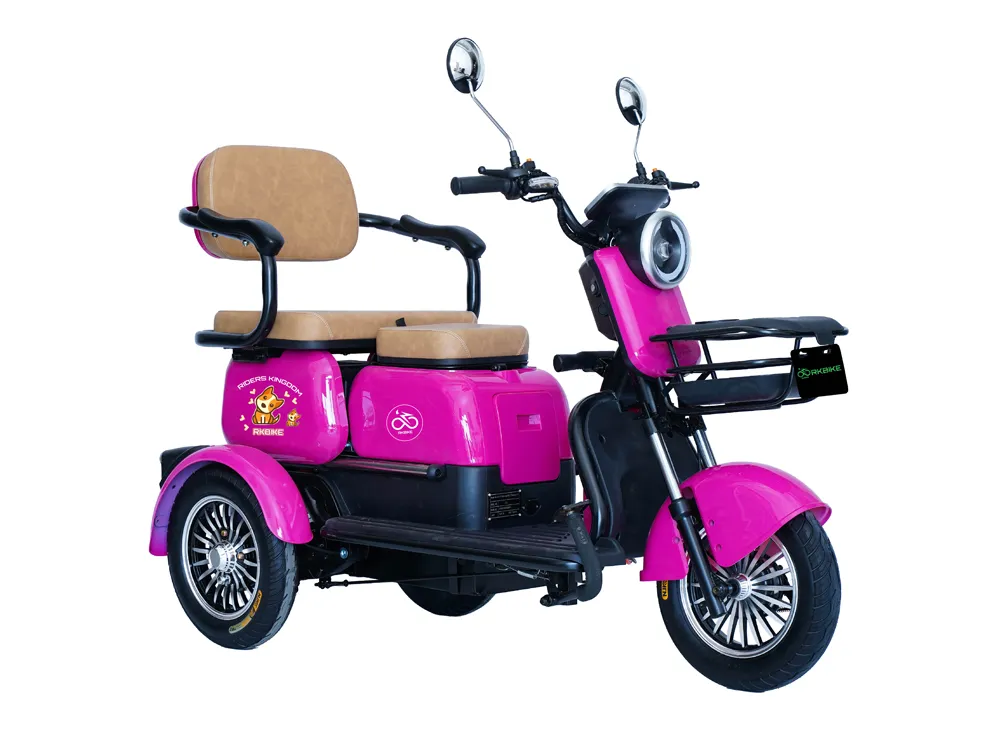 Front-side view of an electric tricycle with three wheels, featuring a sturdy frame, comfortable seating, and stable design for safe and efficient urban commuting