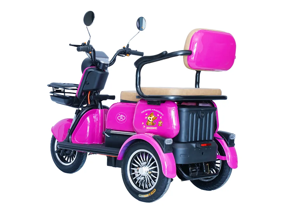 Front-side view of an electric tricycle with three wheels, featuring a sturdy frame, comfortable seating, and stable design for safe and efficient urban commuting