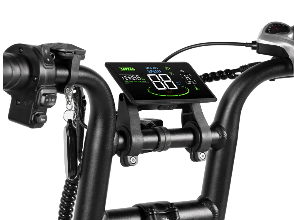 Close-up of electric motorcycle digital display showing speed, battery level, and riding information, designed for smart and safe urban commuting