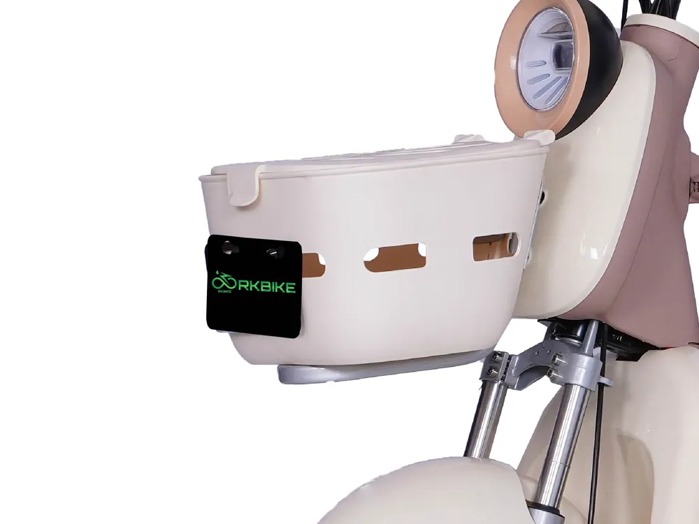 Front view of a cream white electric tricycle with three wheels, featuring a durable frame, ergonomic seating, and stable design for comfortable and stylish urban commuting