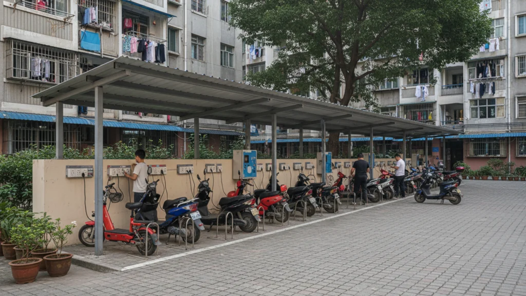 Electric motorcycles charging and battery swapping at residential community charging areas with standard outlets
