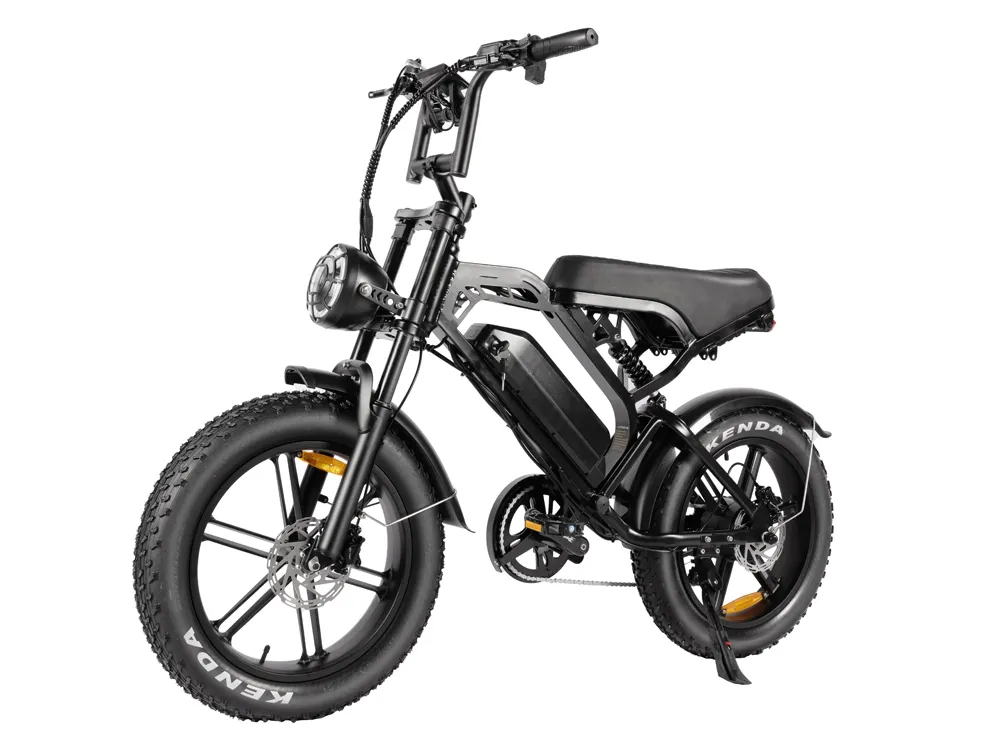 Front view of an electric motorcycle, featuring a streamlined body, ergonomic seating, and modern LED lighting for stylish and efficient urban commuting