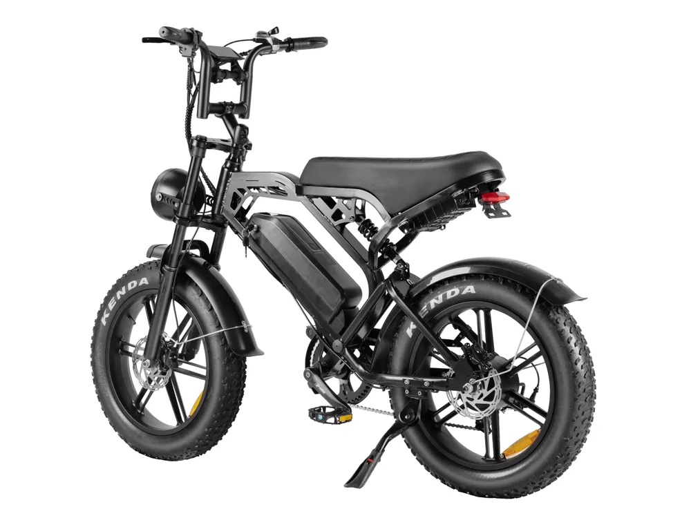 Full view of a modern electric motorcycle featuring a sleek body design, comfortable seat, and LED lighting, ideal for efficient urban commuting